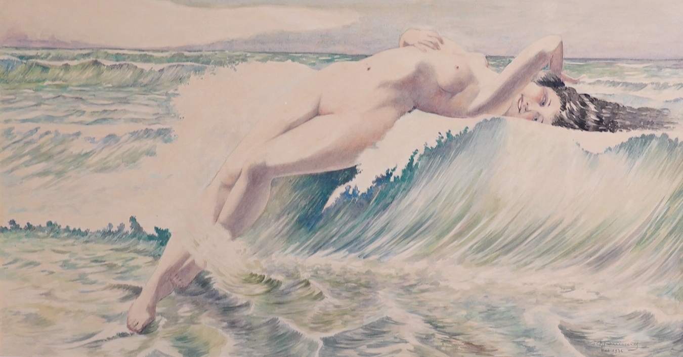 Early / mid 20th century, French School, watercolour, Study of a reclining nude woman above waves, indistinctly signed and dated 1936, 40 x 76cm. Condition - fair to good, minor discolouration